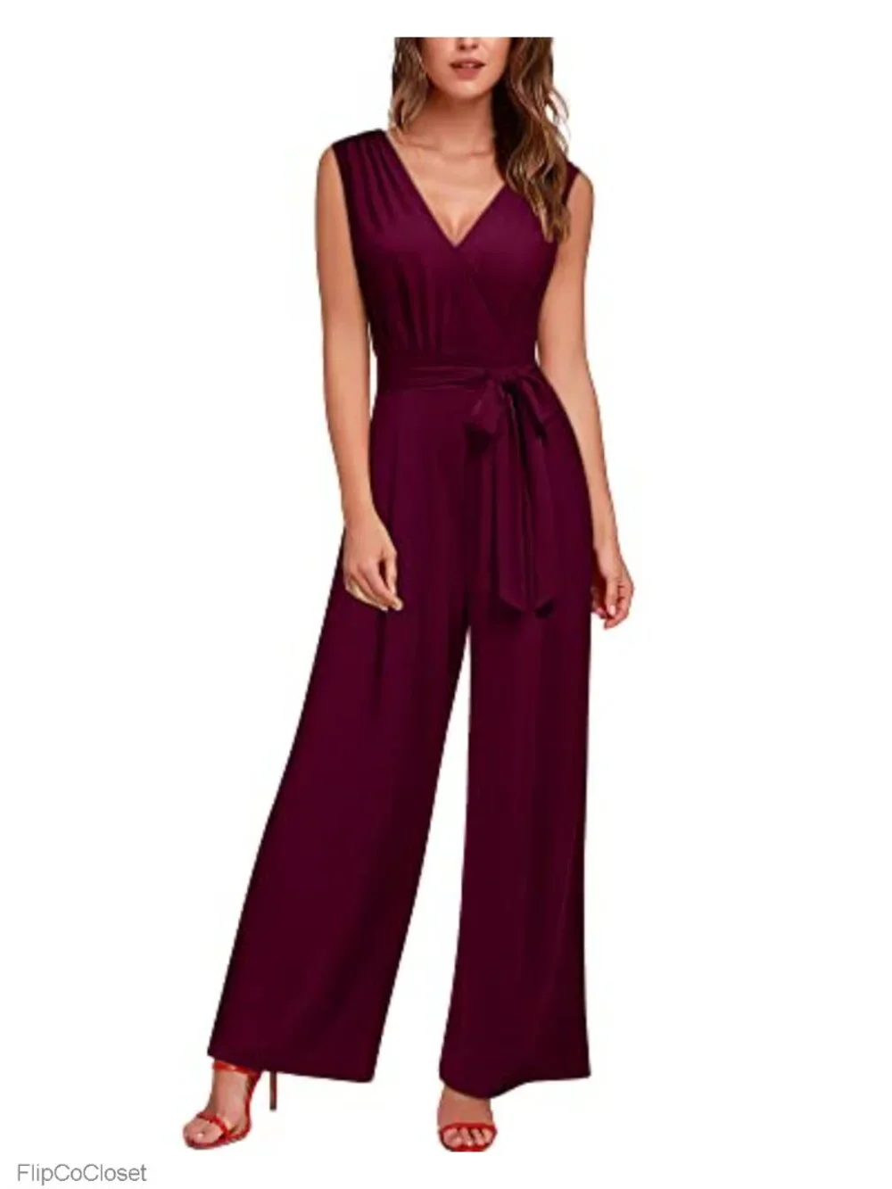 Sleeveless V Neck Wide Leg Jumpsuit with Belt